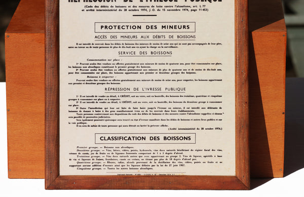 Panneau de bistrot vintage 1974 Protection des mineurs et répression de l'ivresse publique