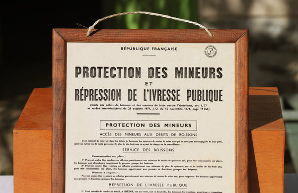 Panneau de bistrot vintage 1974 Protection des mineurs et répression de l'ivresse publique