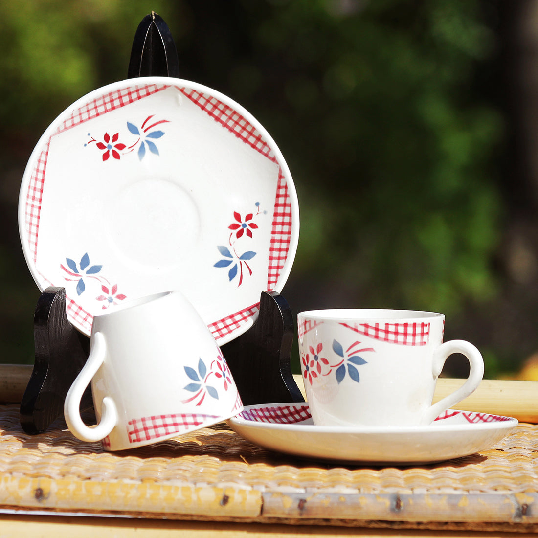 Duo de tasses à café anciennes + soucoupes en faïence de Digoin Sarreguemines modèle Françoise