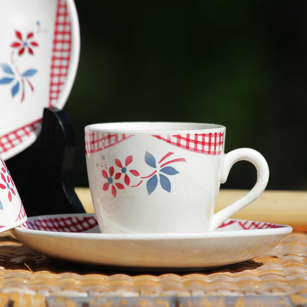 Duo de tasses à café anciennes + soucoupes en faïence de Digoin Sarreguemines modèle Françoise