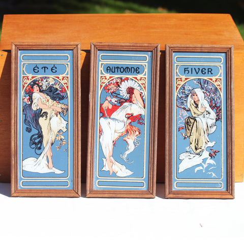 Ensemble de 3 petits miroirs sérigraphiés vintage style Mucha les saisons