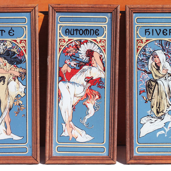 Ensemble de 3 petits miroirs sérigraphiés vintage style Mucha les saisons