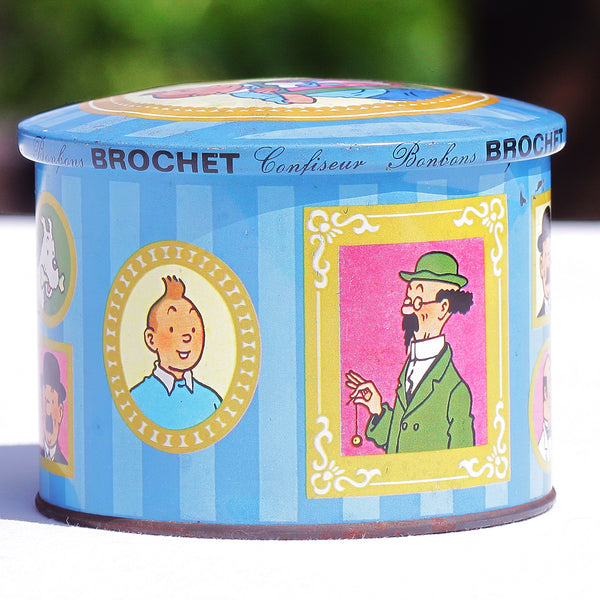 Boîte publicitaire en tôle vintage bonbons confiserie Brochet Tintin de 1965