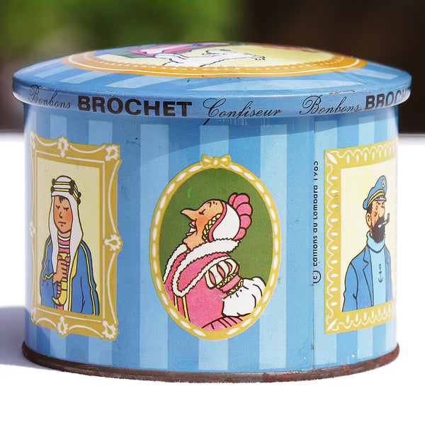 Boîte publicitaire en tôle vintage bonbons confiserie Brochet Tintin de 1965