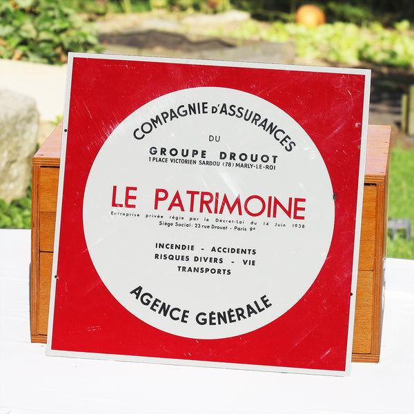 Enseigne publicitaire vintage en plastique Le Patrimoine Compagnie d'Assurances du Groupe Drouot