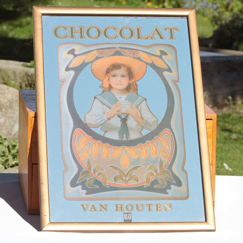 Miroir publicitaire de bistrot vintage sérigraphié Chocolat Van Houten Suchard
