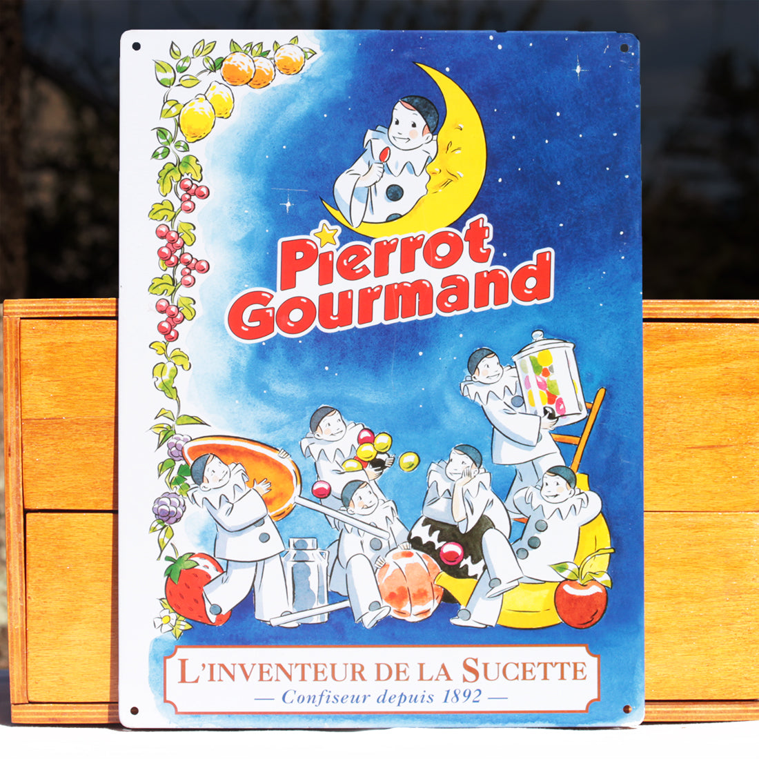 Plaque publicitaire Pierrot Gourmand l'Inventeur de la Sucette en tôle lithographiée