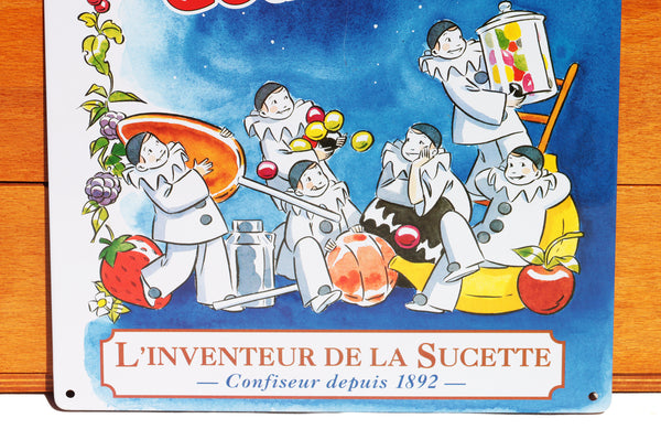 Plaque publicitaire Pierrot Gourmand l'Inventeur de la Sucette en tôle lithographiée