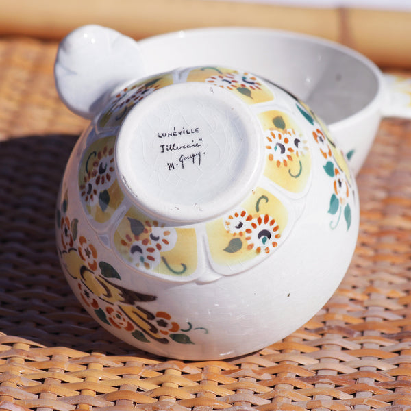 Duo de tasses à thé anciennes en faïence de Lunéville modèle Tilleraie par Marcel Goupy