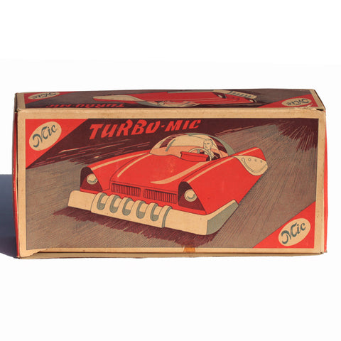 Ancienne boîte vide Mic jouet voiture en tôle Turbo-Mic moteur à turbine