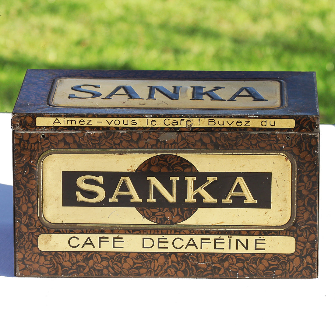 Ancienne grande boîte publicitaire café Sanka en tôle lithographiée