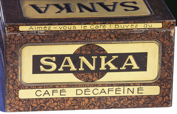 Ancienne grande boîte publicitaire café Sanka en tôle lithographiée