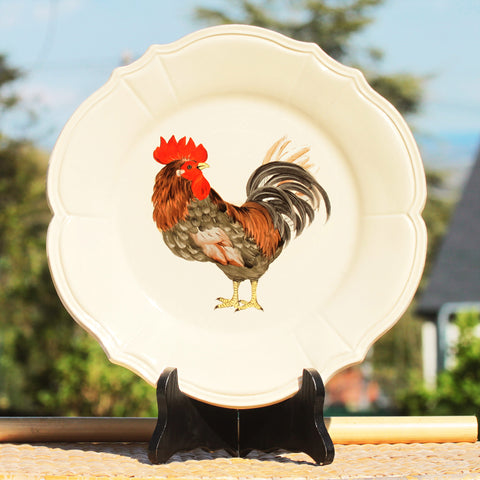 Assiette plate vintage 28 cm en faïence de Niderviller modèle Cour Normande coq bicolore