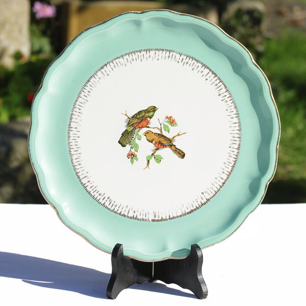 Plat à tarte ancien en faïence de Badonviller Fénal Frères FB oiseaux vert mint