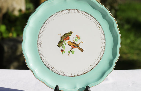 Plat à tarte ancien en faïence de Badonviller Fénal Frères FB oiseaux vert mint