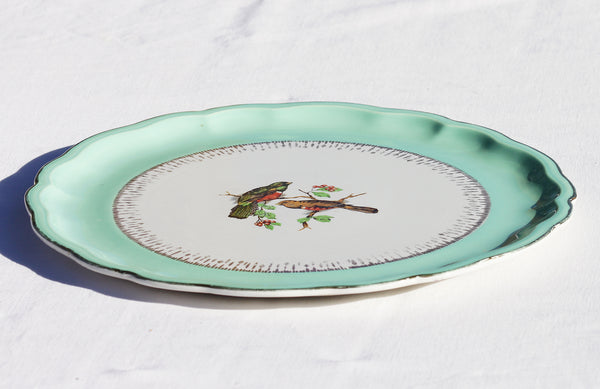 Plat à tarte ancien en faïence de Badonviller Fénal Frères FB oiseaux vert mint