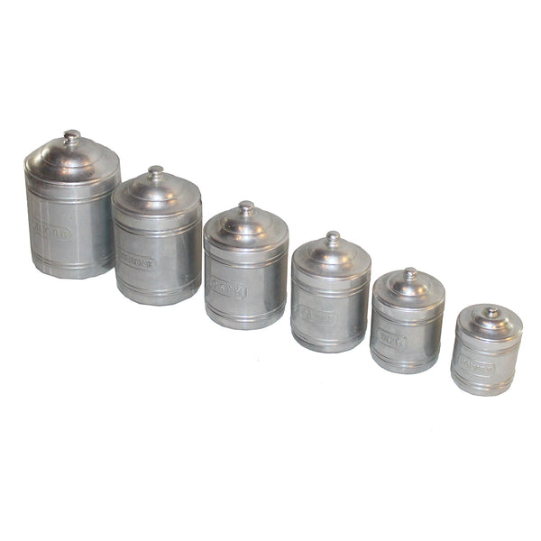 Série de 6 pots à épices emboîtables anciens en aluminium