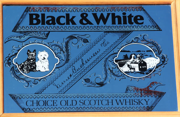 Grand miroir publicitaire sérigraphié vintage whisky Black & White