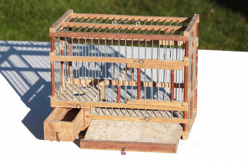 Petite cage à oiseaux Ancienne pour transport abreuvoir verre