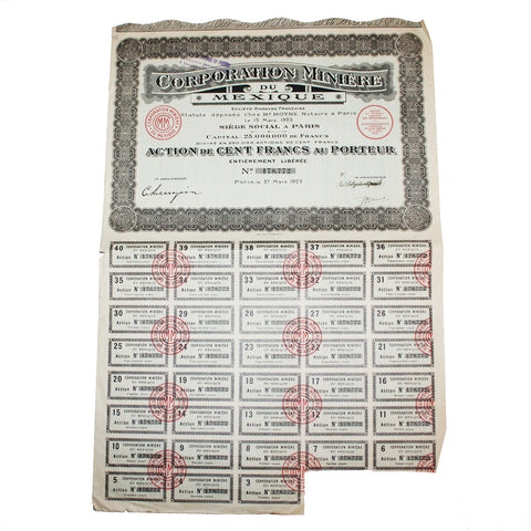 Action de 100 francs Corporation Minière du Mexique Paris 1923 - Scripophilie
