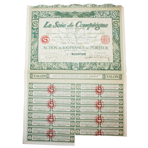 Action de 100 francs La Soie de Compiègne Paris 1923 - Scripophilie