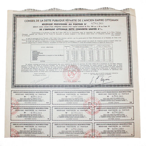 Action / obligation / emprunt / dette de l'Ancien Empire Ottoman Paris 1933 - Scripophilie
