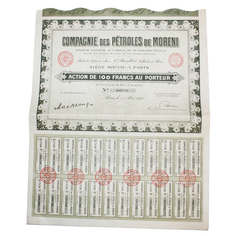 Action de 100 francs Compagnie des Pétroles de Moreni Paris 1930 - Scripophilie