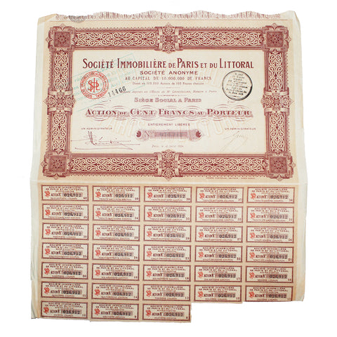 Action de 100 francs Société Immobilière de Paris et du Littoral Paris 1924 - Scripophilie