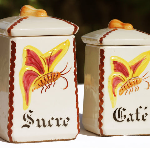 Série complète de 6 pots à épices anciens en faïence décor Badonviller papillon