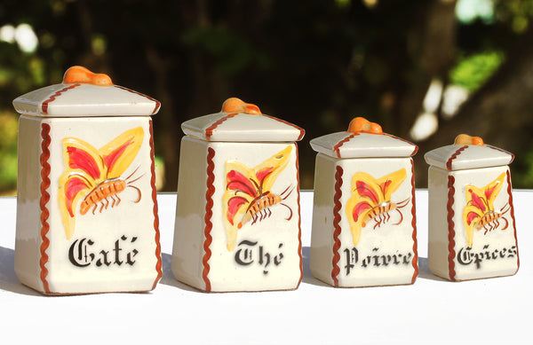 Série complète de 6 pots à épices anciens en faïence décor Badonviller papillon