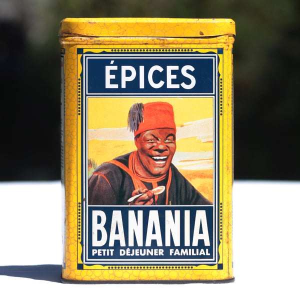 Boîte publicitaire vintage Banania vide en tôle lithographiée 1 kg modèle épices