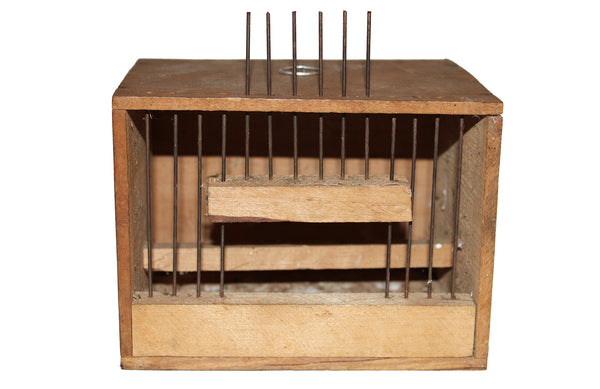 Ancienne petite cage de transport à oiseau en bois