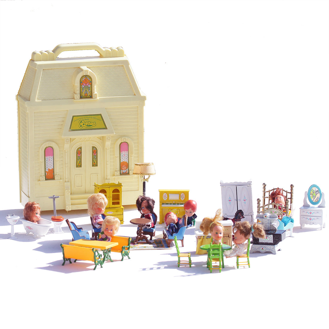 Ensemble vintage maison portative the Littles + meubles + poupées ( Mattel 1980 )