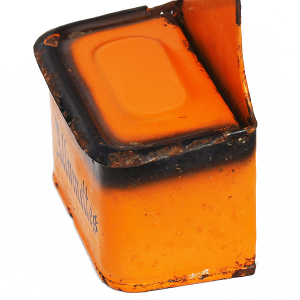 Ancienne boîte à allumettes en tôle émaillée orange