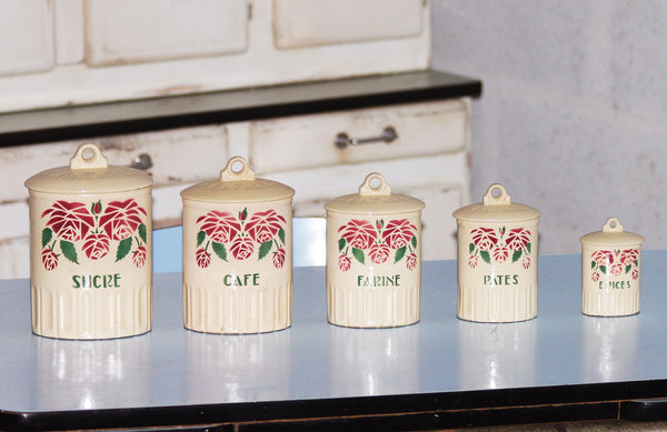 Série de 5 pots à épices anciens en faïence décor Badonviller
