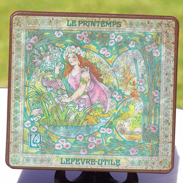 Ancienne boîte publicitaire biscuits Lefevre-Utile LU en tôle lithographiée modèle Le Printemps