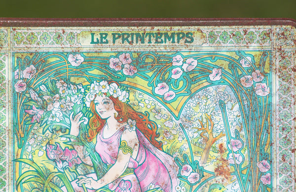 Old Lefevre-Utile LU biscuit advertising box in lithographed sheet metal, Le Printemps model