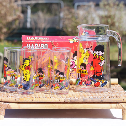 Service à boisson publicitaire Haribo Luminarc vintage 6 verres + 1 pichet en boîte ( 1995 )