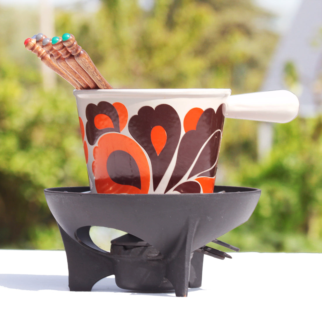 Vintage Le Creuset Peacock fondue set with 8 forks – La Roue du Passé