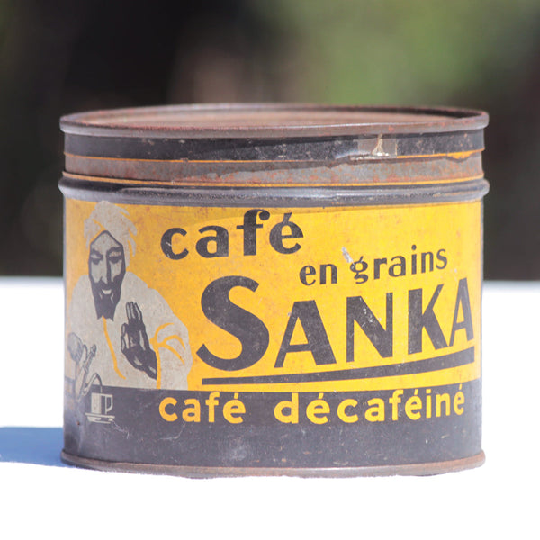 Ancienne boîte publicitaire vide café en grains Sanka en tôle lithographiée