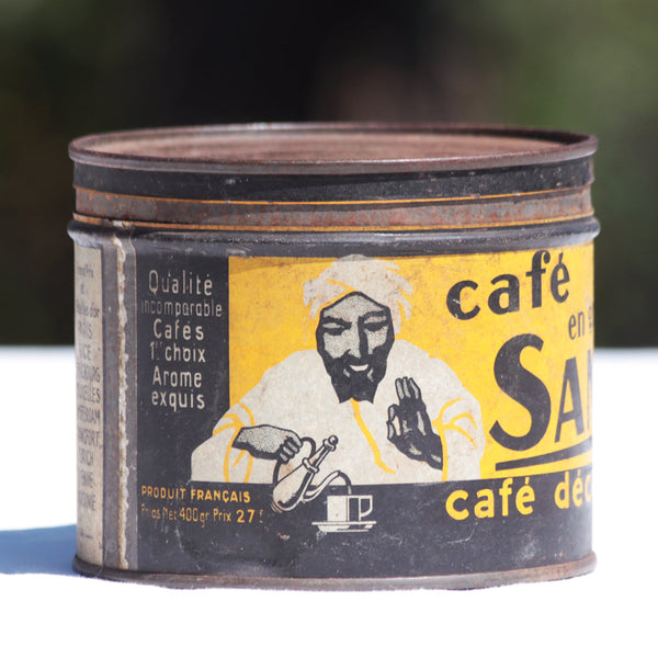 Ancienne boîte publicitaire vide café en grains Sanka en tôle lithographiée