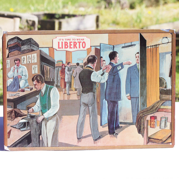 Plaque publicitaire vintage en tôle emboutie pour la marque de denim Liberto