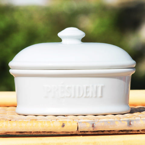 Beurrier publicitaire Président vintage en porcelaine à feu Apilco