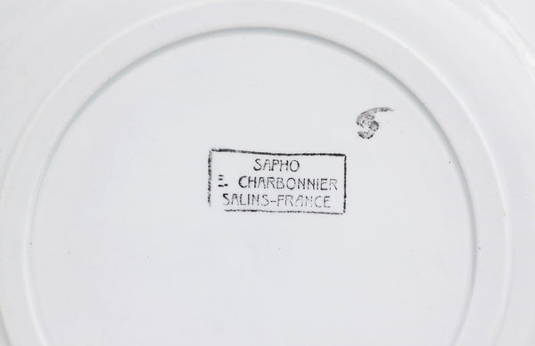 Ensemble de 6 assiettes plates anciennes en faïence de Salins modèle Sapho période E. Charbonnier