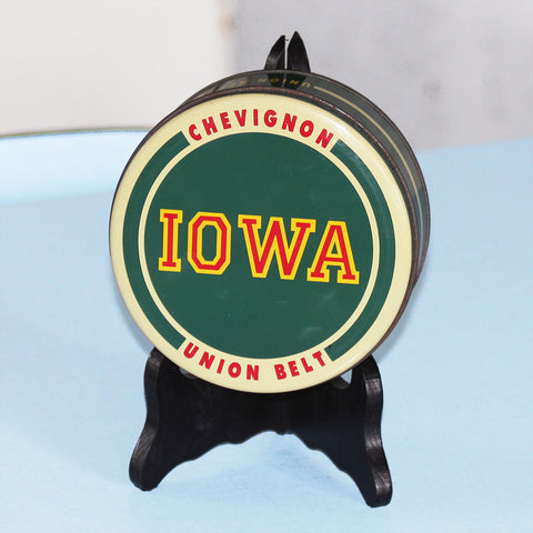 Petite boîte publicitaire en tôle vintage Chevignon Union Belt modèle Iowa