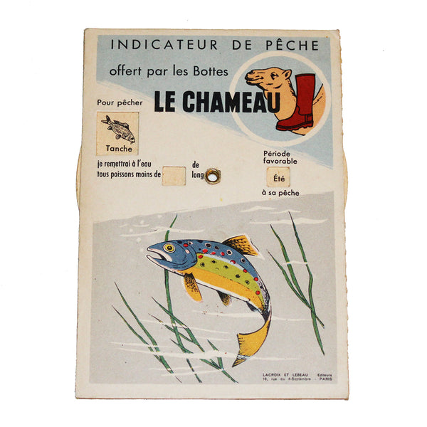 Ancien disque publicitaire Bottes Le Chameau indicateur de chasse / pêche