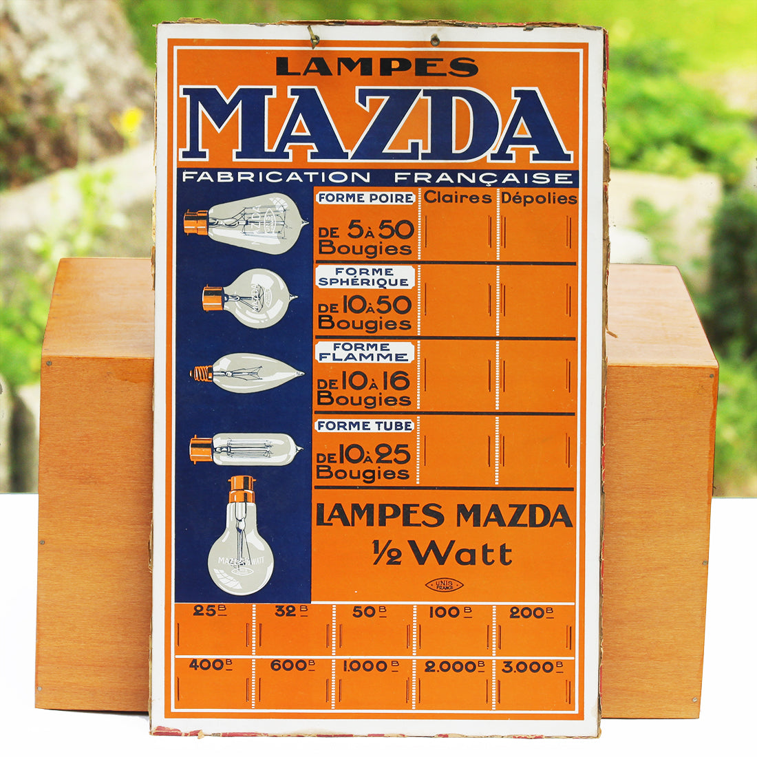 Carton publicitaire des Lampes Mazda affichage des prix des ampoules