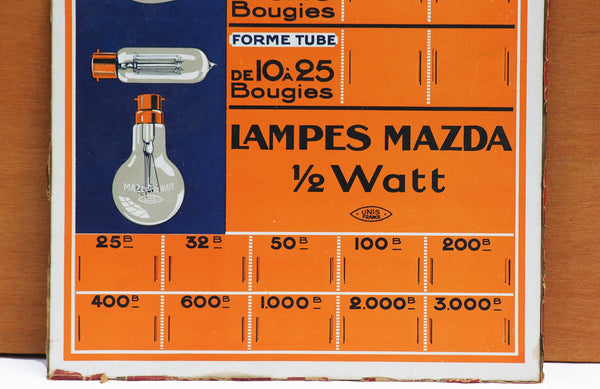 Ancien carton publicitaire des Lampes Mazda pour l'affichage du prix des ampoules