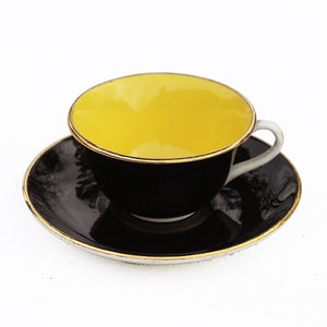 Tasse à café & soucoupe vintage en faïence de Digoin Sarreguemines modèle noir & jaune