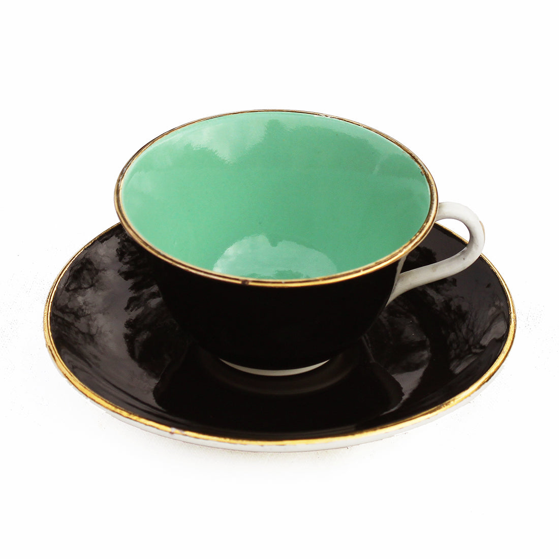 Tasse à café & soucoupe vintage en faïence de Digoin Sarreguemines modèle noir & vert